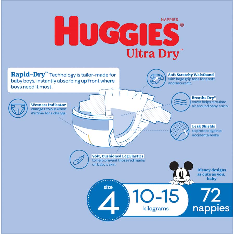 Huggies Ultra Dry Nappies Boys Size 4 (10-15kg) Jumbo pack 72pack