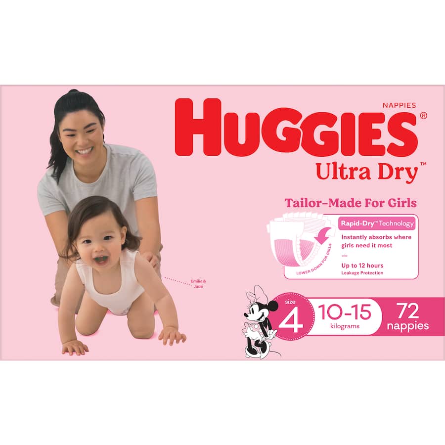 Huggies Ultra Dry Nappies Girls Size 4 (10-15kg) Jumbo pack 72pack