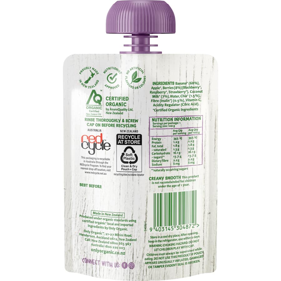Only Organic Kindy Toddler Food Banana Mxd Berry Coconut Chia Pouch 100g
