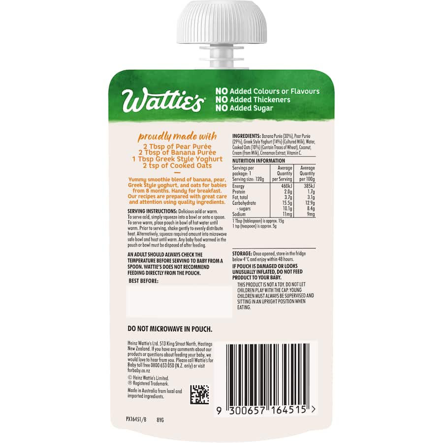 Wattie's Baby Food 8+ Months Smoothies Oatilicious Brekky Pouch 120g