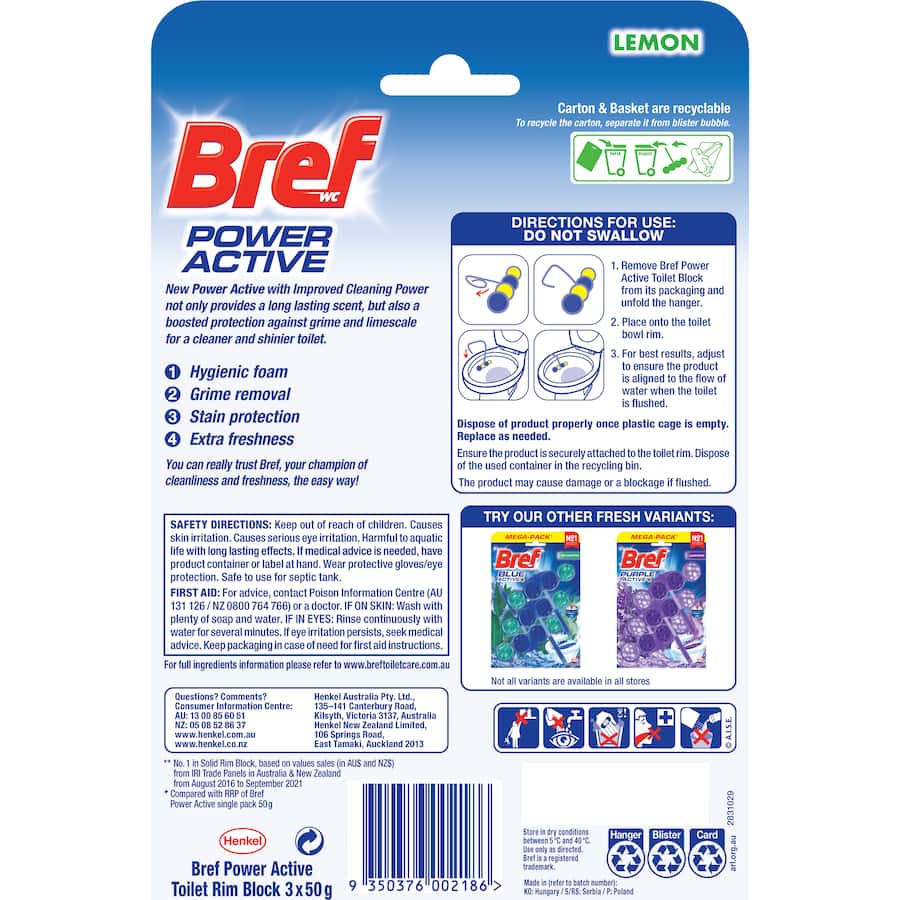 Bref Power Active Toilet Flush Rim Block Juicy Lemon 50g each 3pack