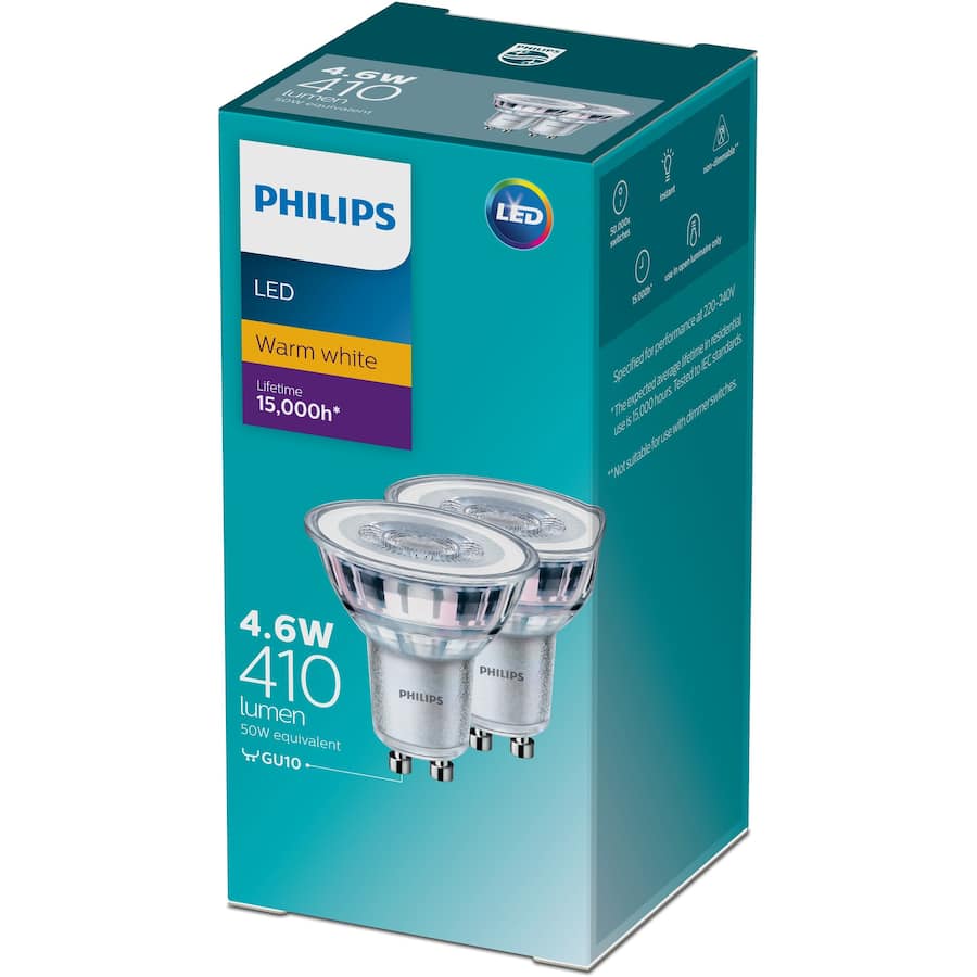Philips Down Light Bulb Led 4.6w 410 Lumen Warm White 2pack