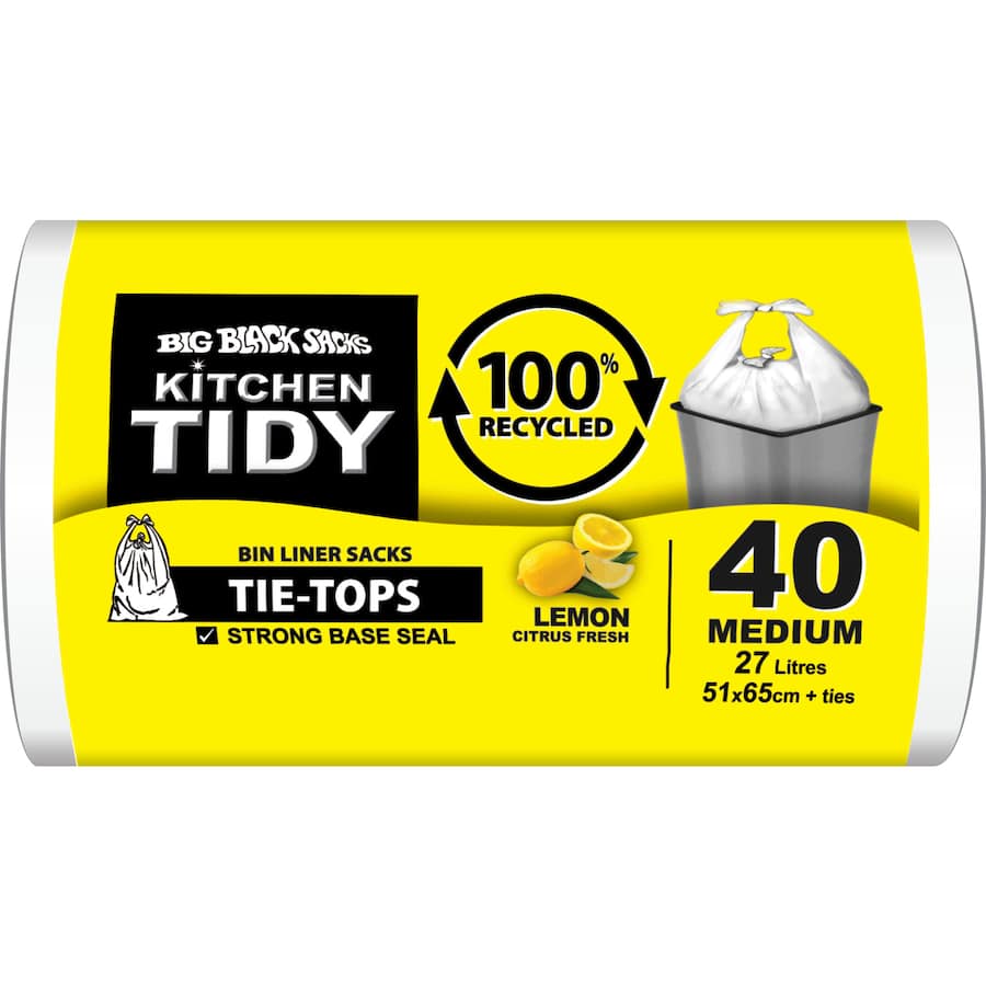 Big Black Sacks Kitchen Tidy Liners 100% Recycled Lemon White Med 40pack
