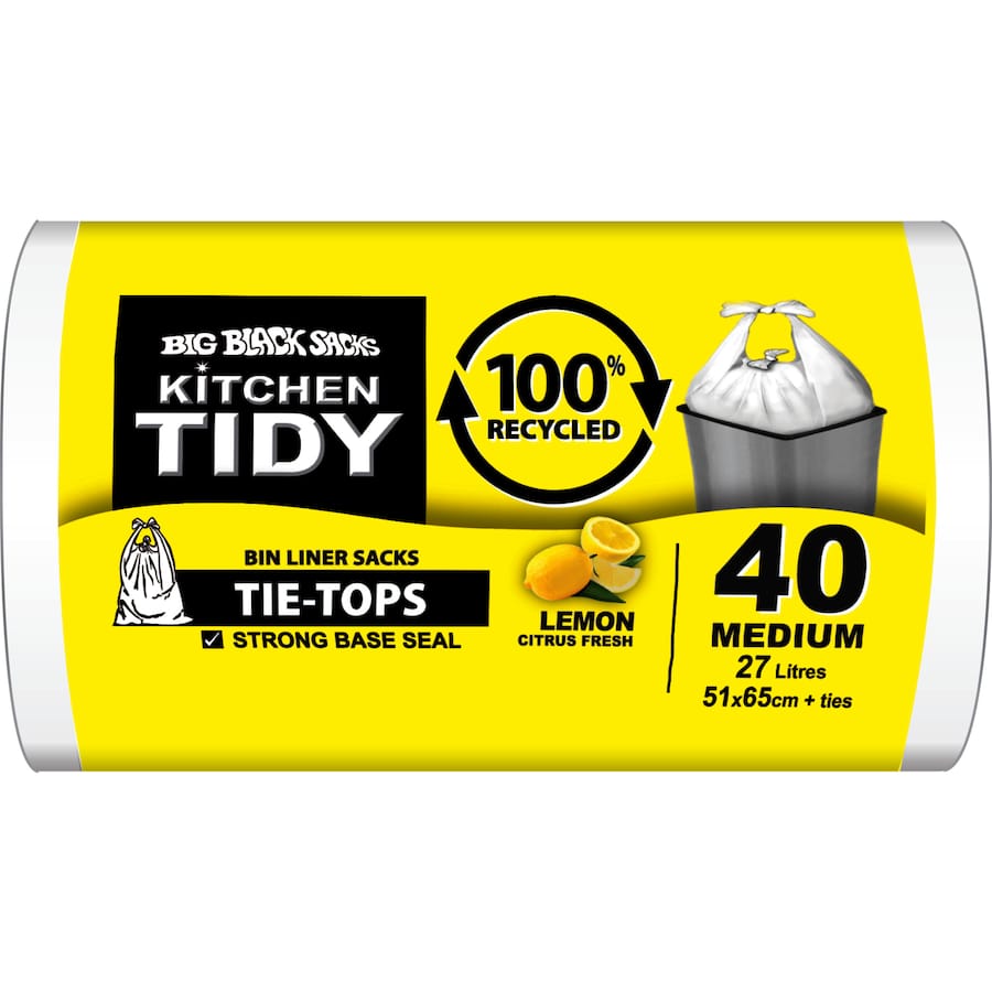 Big Black Sacks Kitchen Tidy Liners 100% Recycled Lemon White Med 40pack