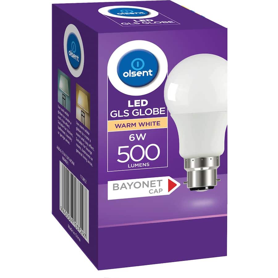 Olsent Led Light Bulb Gls Bayonet 6w 500lm 2700kg Ww 1pack