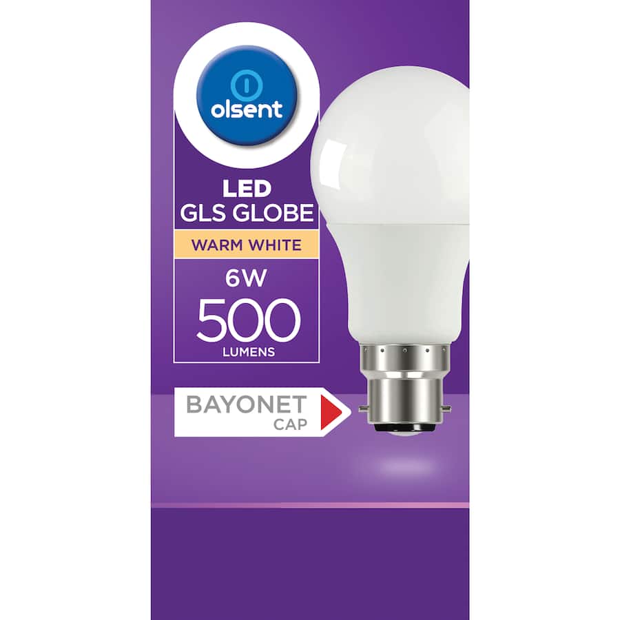 Olsent Led Light Bulb Gls Bayonet 6w 500lm 2700kg Ww 1pack