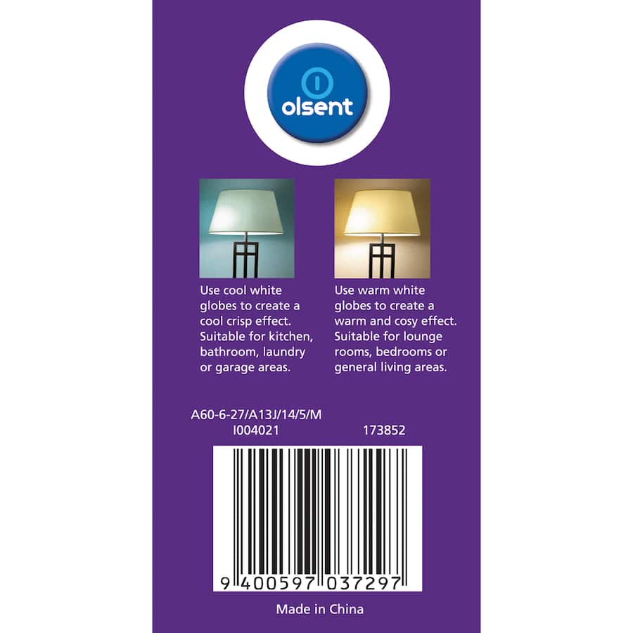 Olsent Led Light Bulb Gls Bayonet 6w 500lm 2700kg Ww 1pack