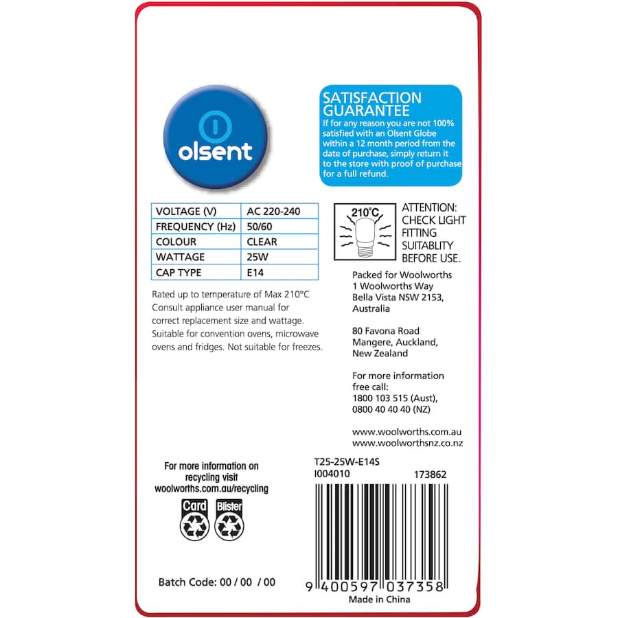 Olsent Pilot Ligh Bulb Appliance T25 Screw 25w Clear 1pack