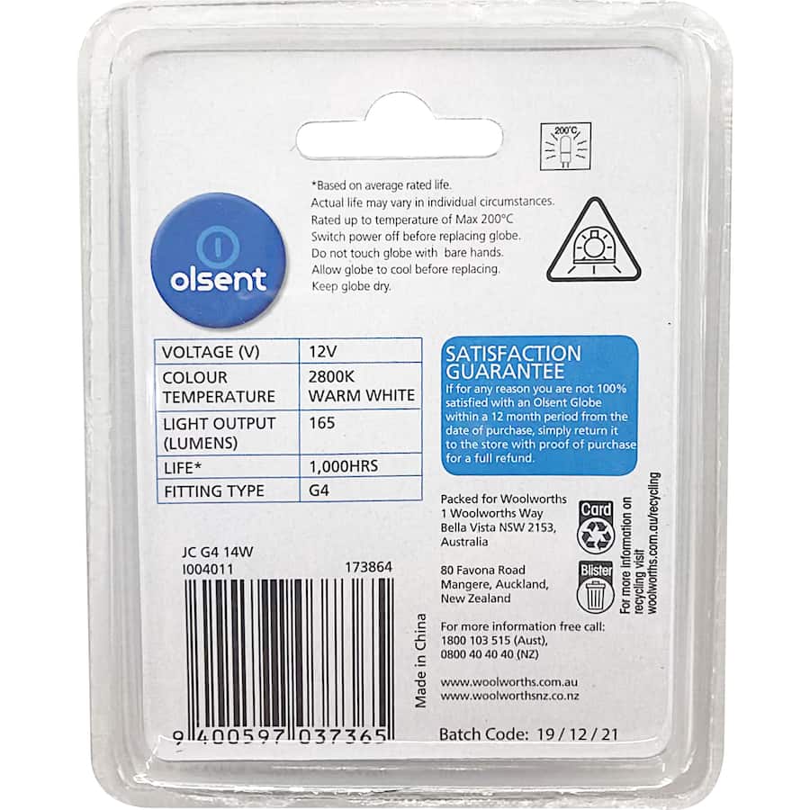Olsent Eco Halogen Bulb Bi Pin 14w Clear 2pack