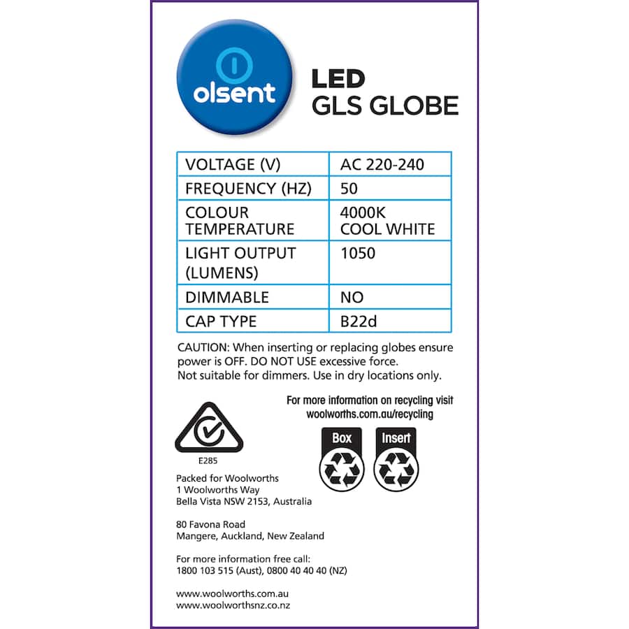 Olsent Bayonet Light Bulb Led 11w 1050 Lumen Cool 1pack
