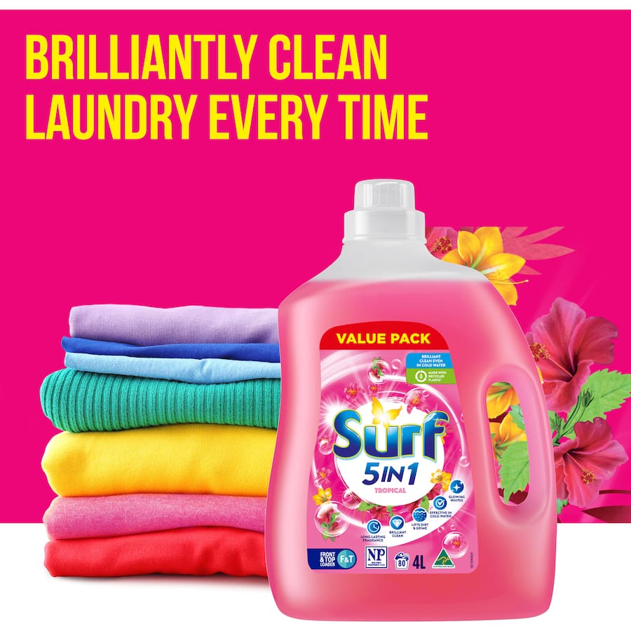 Surf Liquid Washing Detergent Tropical 80 Washes Bottle 4L