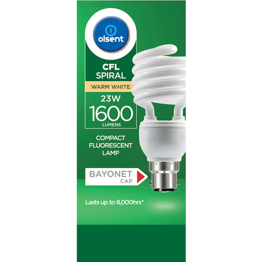 Olsent Bayonet Light Bulb Cfl Spiral 23w Ww 1pack