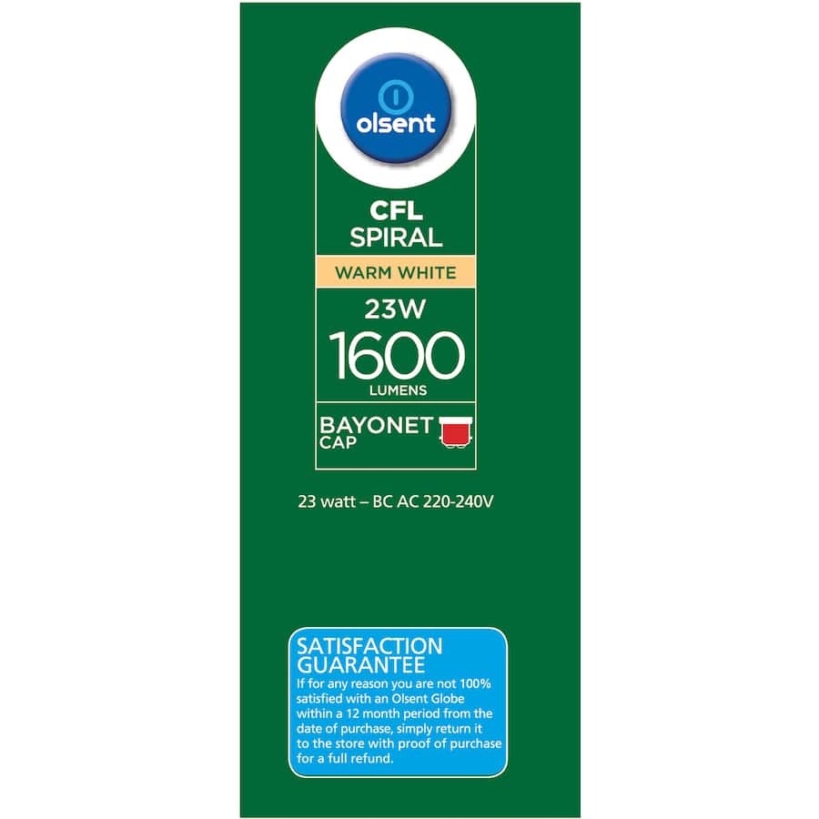 Olsent Bayonet Light Bulb Cfl Spiral 23w Ww 1pack