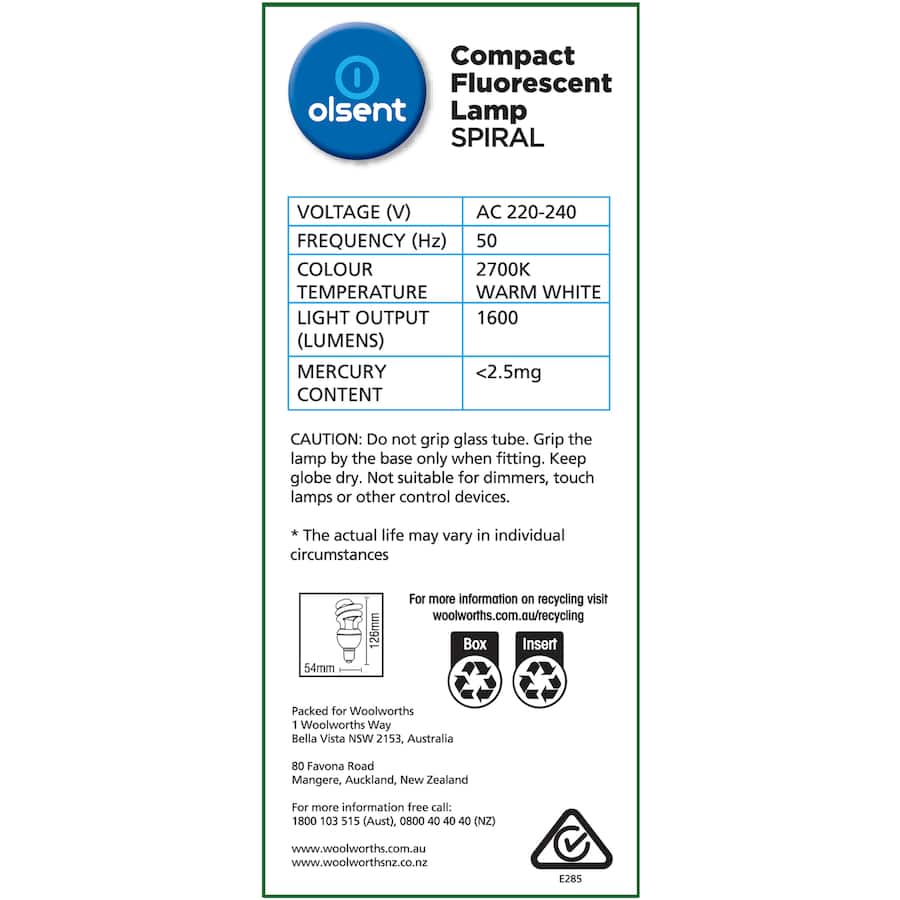 Olsent Bayonet Light Bulb Cfl Spiral 23w Ww 1pack