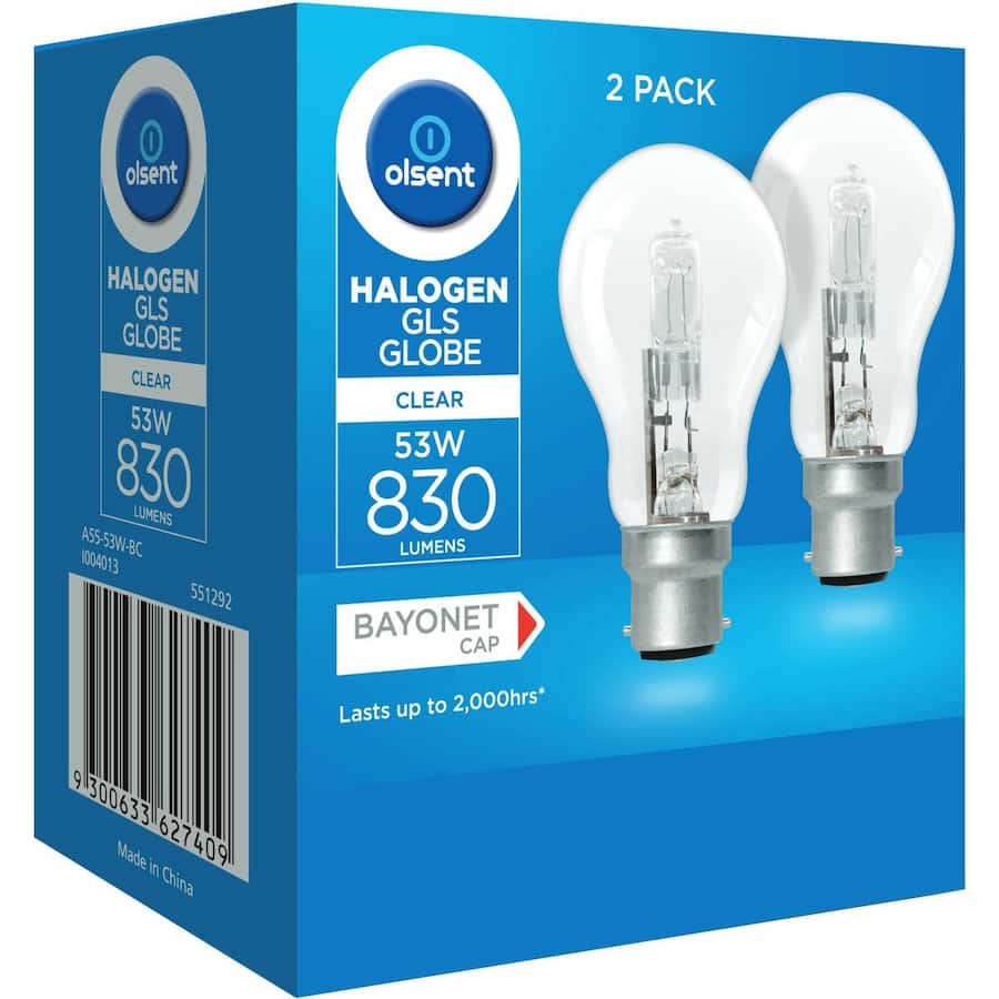 Olsent Halogen Round Bulb Bayonet 53w Clear 2pack