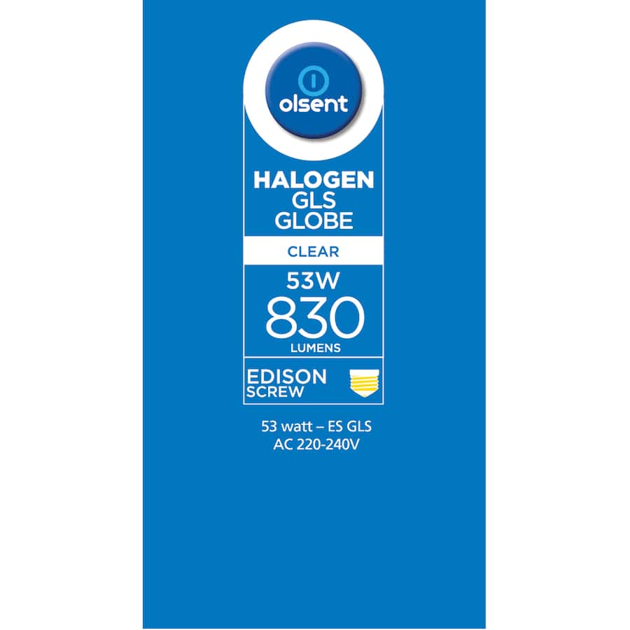 Olsent Halogen Round Bulb Screw 53w Clear 2pack