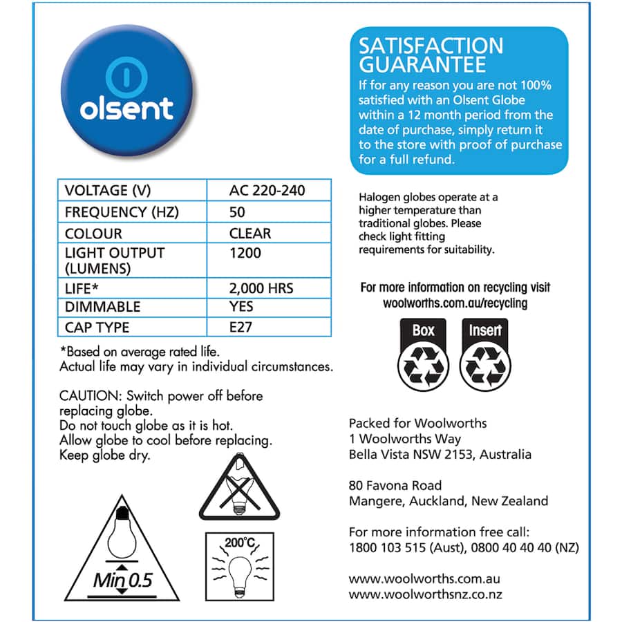 Olsent Halogen Round Bulb Screw 72w Clear 2pack