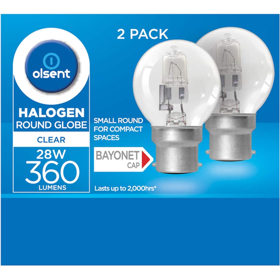 Olsent Halogen Round Bulb Rd Bayonet Clear 28w 2pack