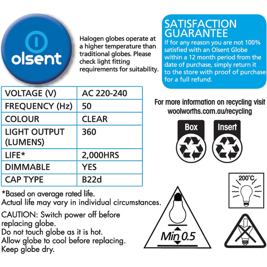 Olsent Halogen Round Bulb Rd Bayonet Clear 28w 2pack