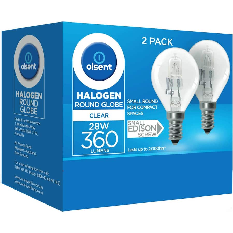 Olsent Halogen Round Bulb Rd Screw Clear 28w 2pack