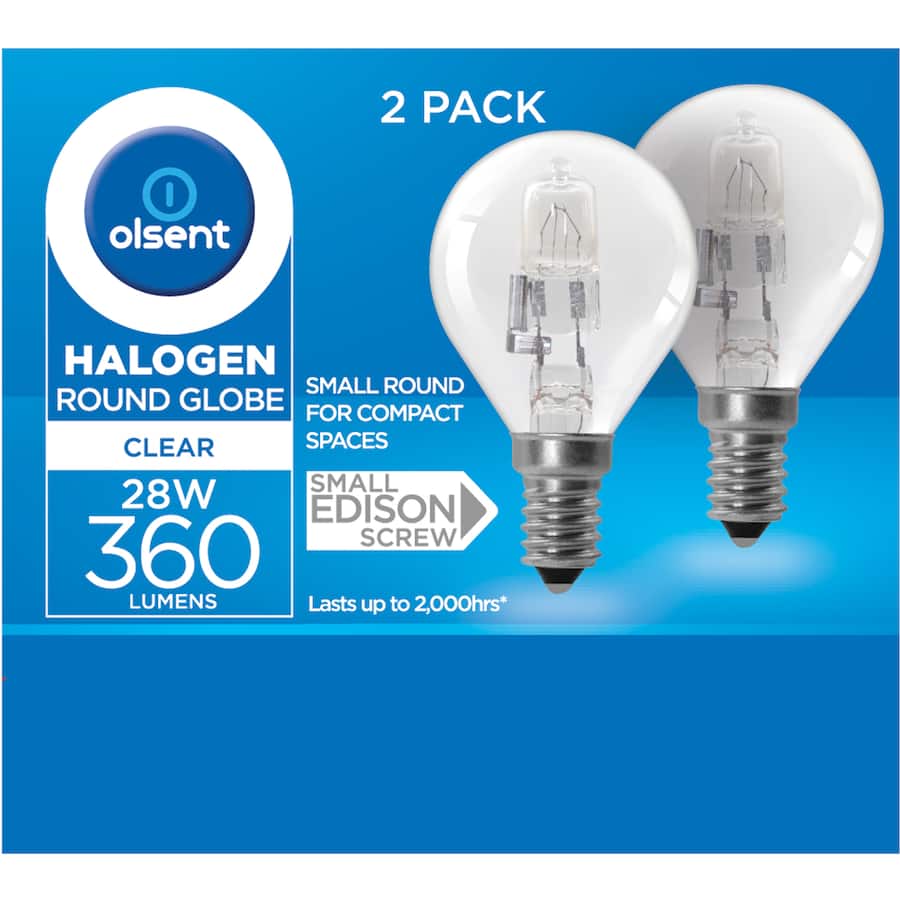 Olsent Halogen Round Bulb Rd Screw Clear 28w 2pack