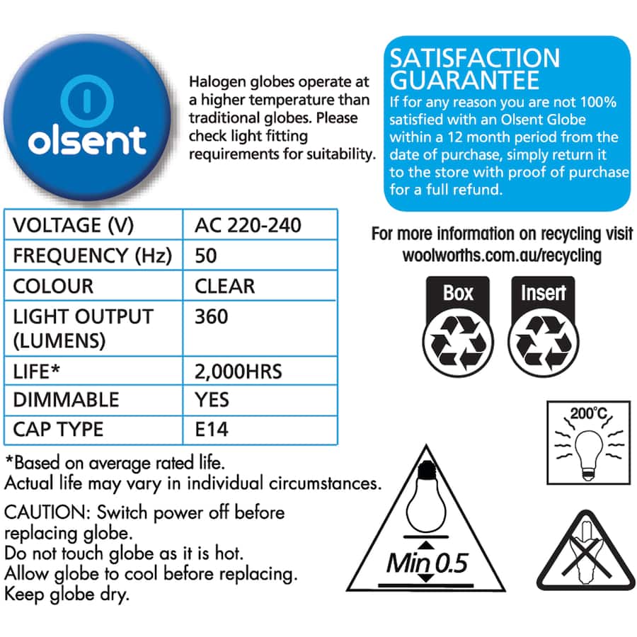 Olsent Halogen Round Bulb Rd Screw Clear 28w 2pack