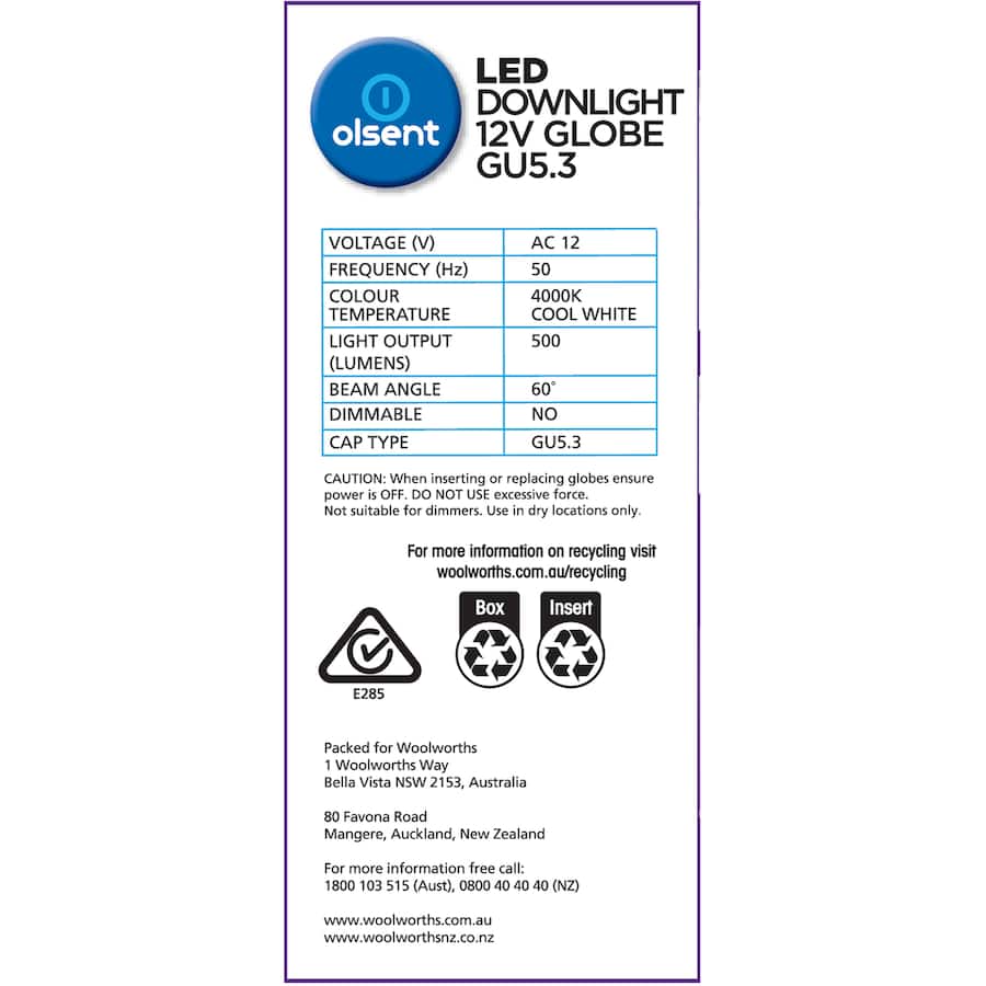 Olsent Down Light Bulb Led Gu5.3 12v6w 500lm Cw 2pack
