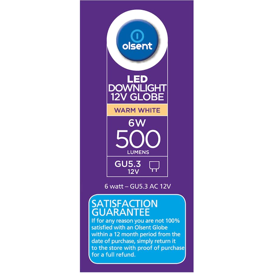 Olsent Down Light Bulb Led Gu5.3 12v6w 500lm Ww 2pack