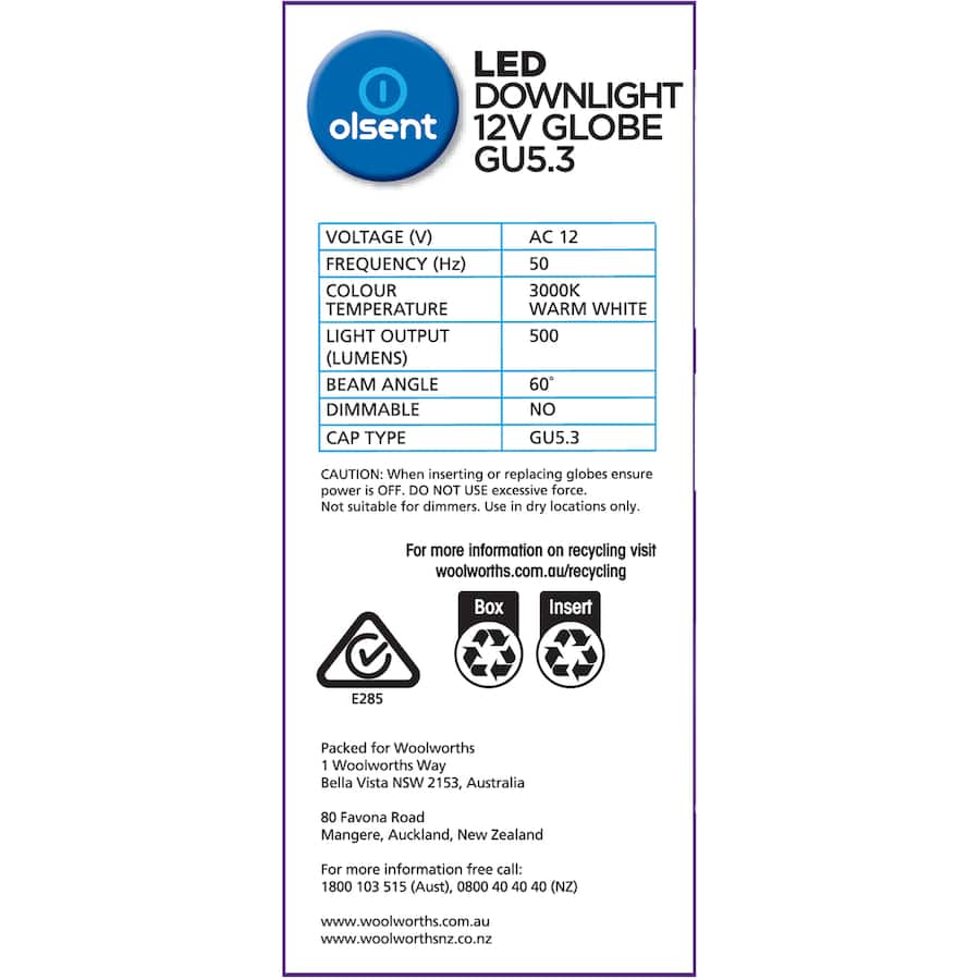 Olsent Down Light Bulb Led Gu5.3 12v6w 500lm Ww 2pack