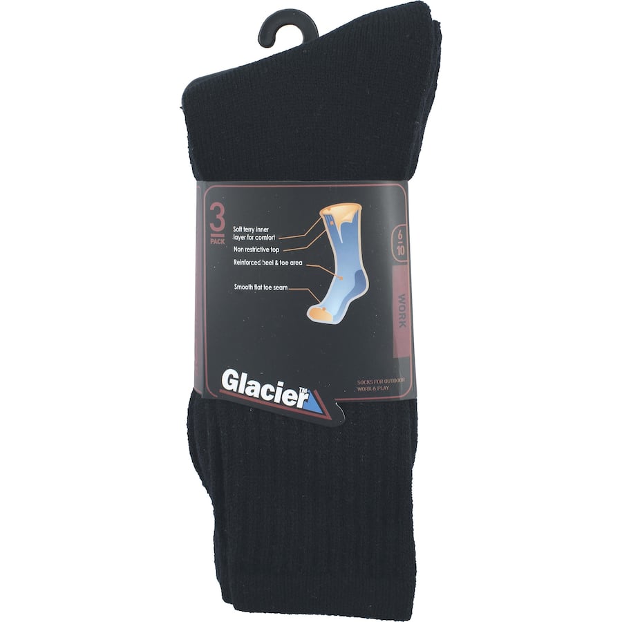 Glacier Mens Socks Work Black Size 6-10 3pack
