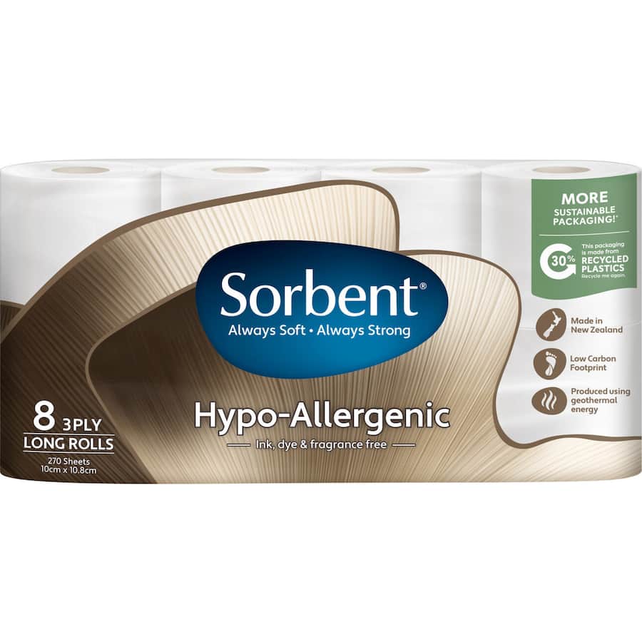Sorbent Toilet Paper 8pk Long Roll Hypoallergenic 3ply