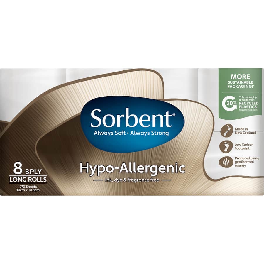 Sorbent Toilet Paper 8pk Long Roll Hypoallergenic 3ply