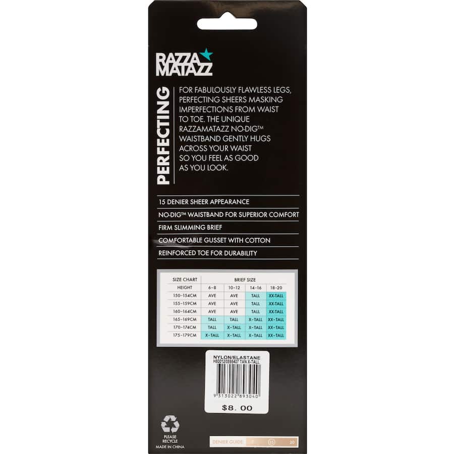 Razzamatazz Perfect Sheers Pantyhose Extra Tall Tan Slim 1pr