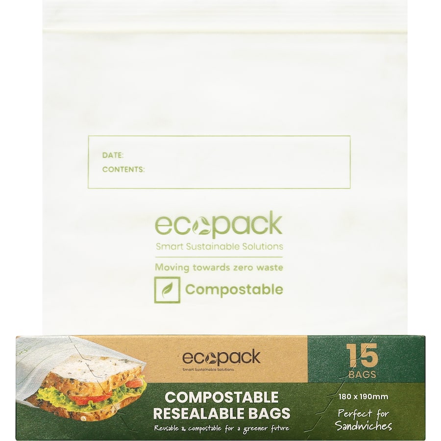 Ecopack Compostable Sandwich Bags Resealable 15pack
