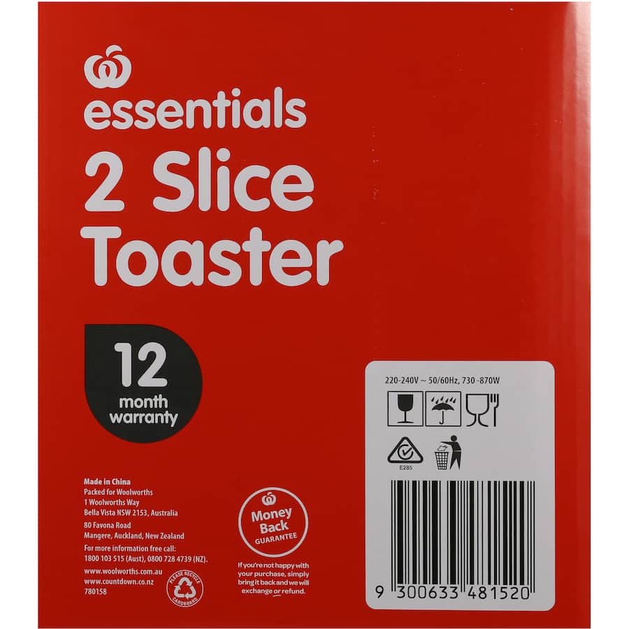 Essentials Toaster Plastic 2 Slice Each