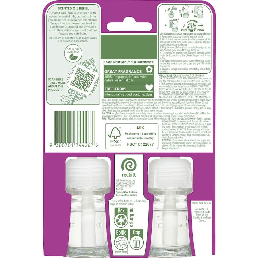 Air Wick Pure Scented Oil Plug In Cherry Blossom 19ml each refill 2pack