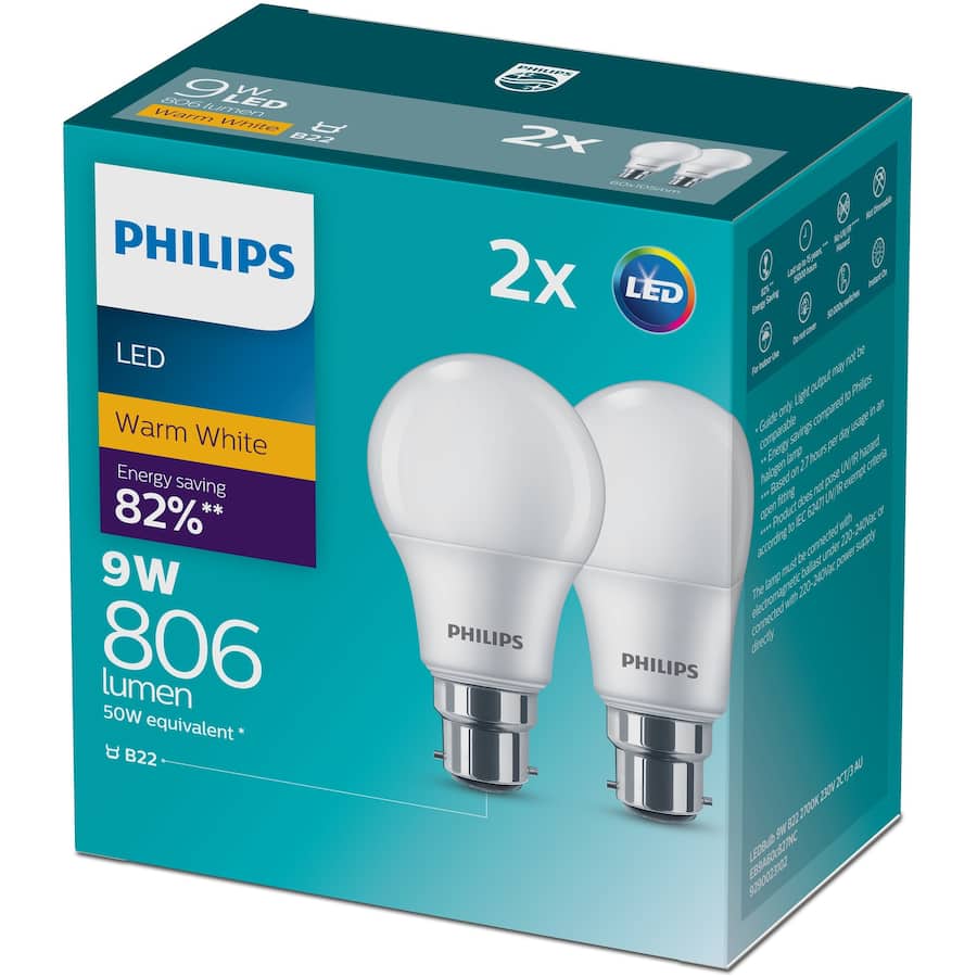 Philips Bayonet Light Bulb Led 9w 806 Lumen Warm White 2pack