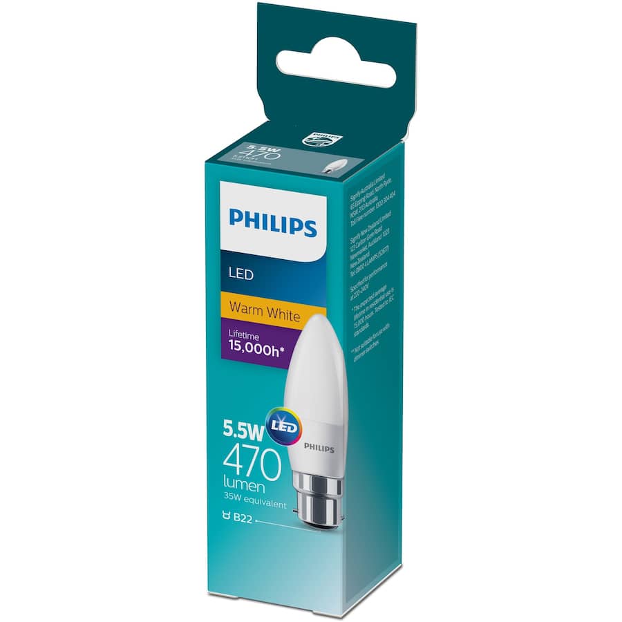 Philips Bayonet Candle Bulb Led 5.5w 470 Lumen Warm White 1pack