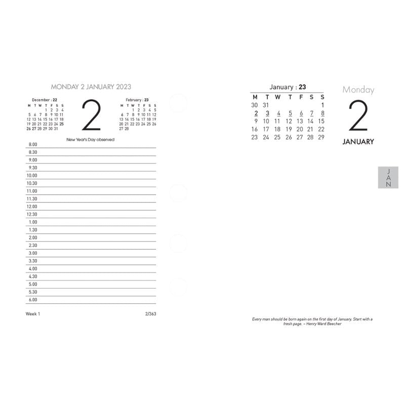 Collins Calendar Refill 13E with side opening, 1/2 hour slots, daily quotes, FSC certified for sustainable organization.