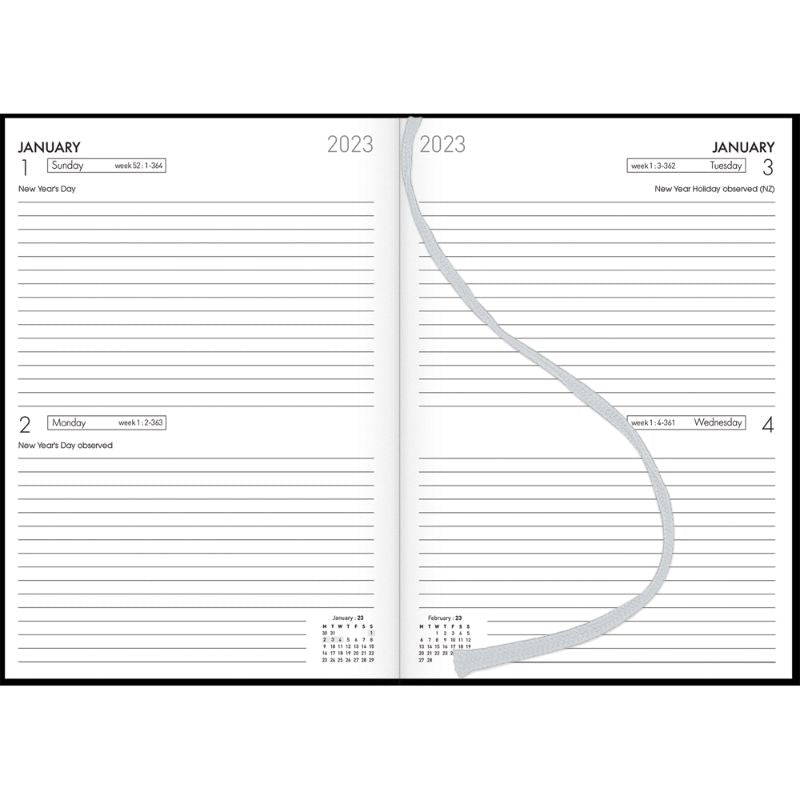 Collins Diary A52 Black Odd Year: elegant two-day planner with a durable cover, ribbon marker, and eco-friendly design.