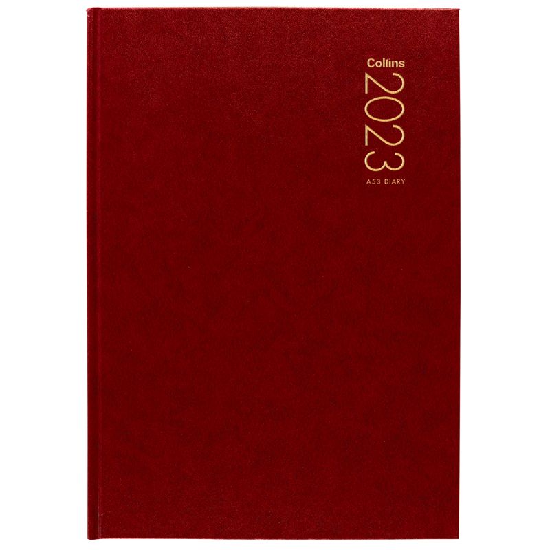 Collins Diary A53 in vibrant red, featuring a hardback cover, ribbon marker, and FSC certification for sustainable planning.