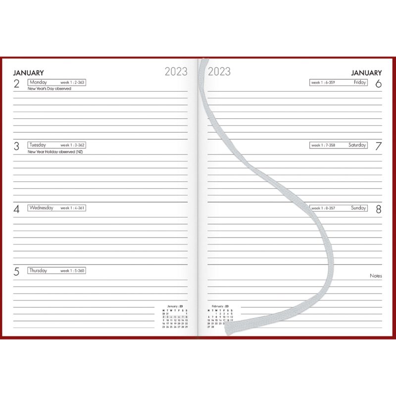 Collins Diary A53 in red with hardback cover, week-to-view layout, ribbon marker, and FSC certified for sustainability.