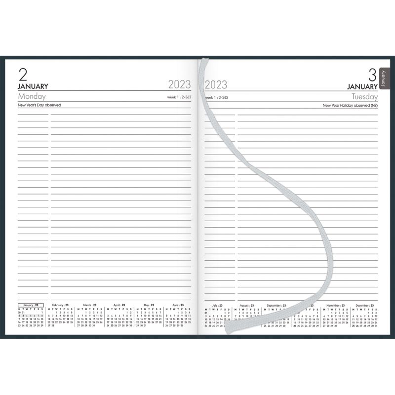 Collins Diary A51E Navy Odd Year, a durable planner with spacious day views, ribbon marker, and eco-friendly design.