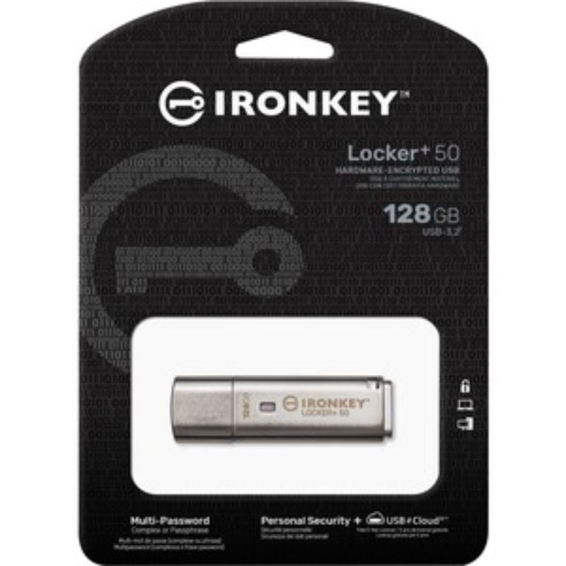 Kingston IronKey Locker+ 50 - 128GB USB 3.2 Flash Drive with AES Encryption & Multi-Password Security