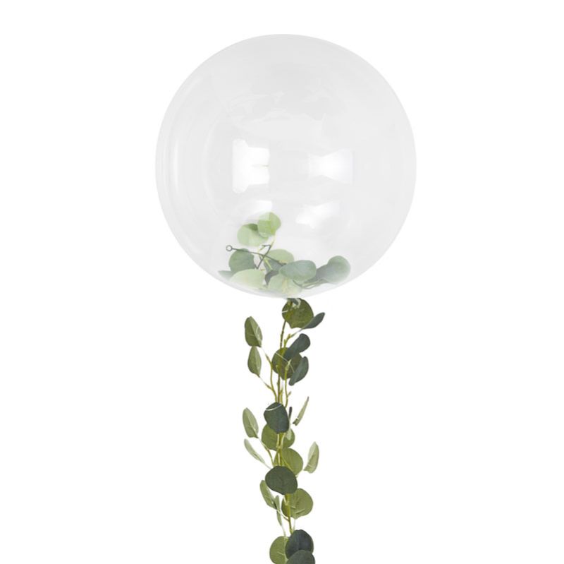 Clear orb balloon with lush vine foliage, perfect for enhancing a romantic natural wedding theme.