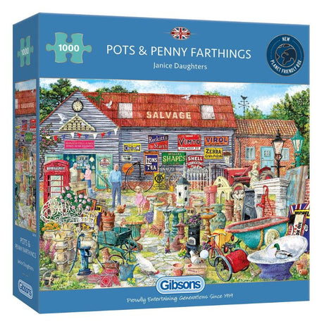 1000-piece jigsaw puzzle featuring antique pots and penny farthings, designed by Janice Daughters, eco-friendly and captivating.