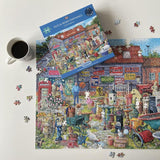 1000-piece jigsaw puzzle featuring an antique shop with pots and penny farthings, designed by Janice Daughters.