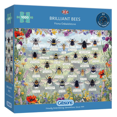 Colorful jigsaw puzzle featuring over 250 bee species, designed by Fiona Osbaldstone for educational fun.