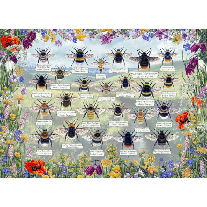 Colorful jigsaw puzzle featuring over 250 bees, promoting eco-friendliness and educational fun for all ages.