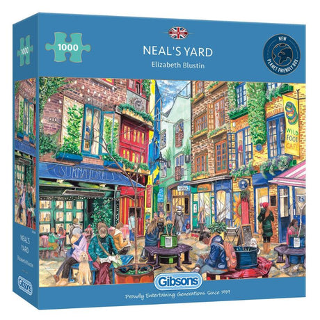 1000-piece jigsaw puzzle of Neal's Yard, London, featuring vibrant cafes and shops, illustrated by Elizabeth Blustin.